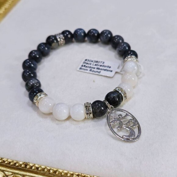 Hand Crafted Jewelry - Black Labradorite & Rainbow Moonstone Bracelet – Silver Om Charm – 8mm Beads